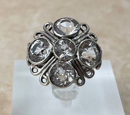 Vintage Sterling Silver 5 Stone White Topaz Statement Ring UK-K