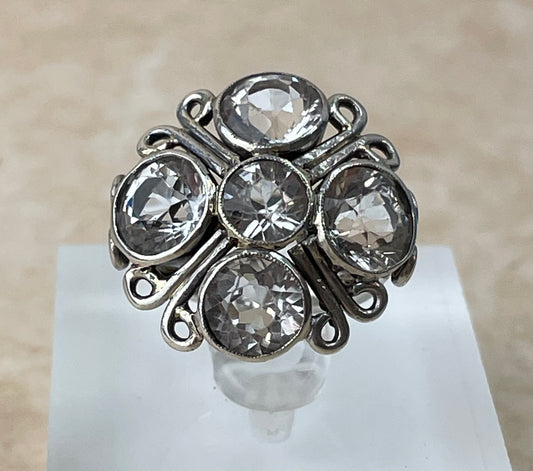 Vintage Sterling Silver 5 Stone White Topaz Statement Ring UK-K