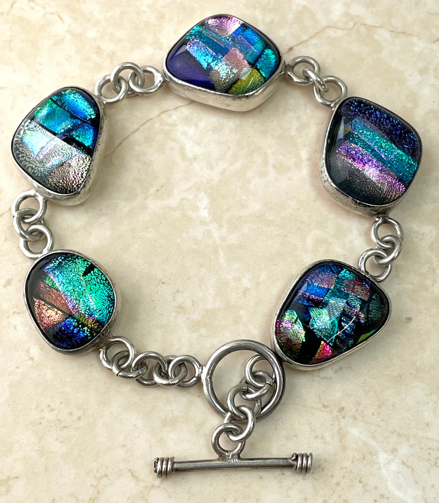 Mexico 925 Dichroic Glass Sterling Silver Link Bracelet