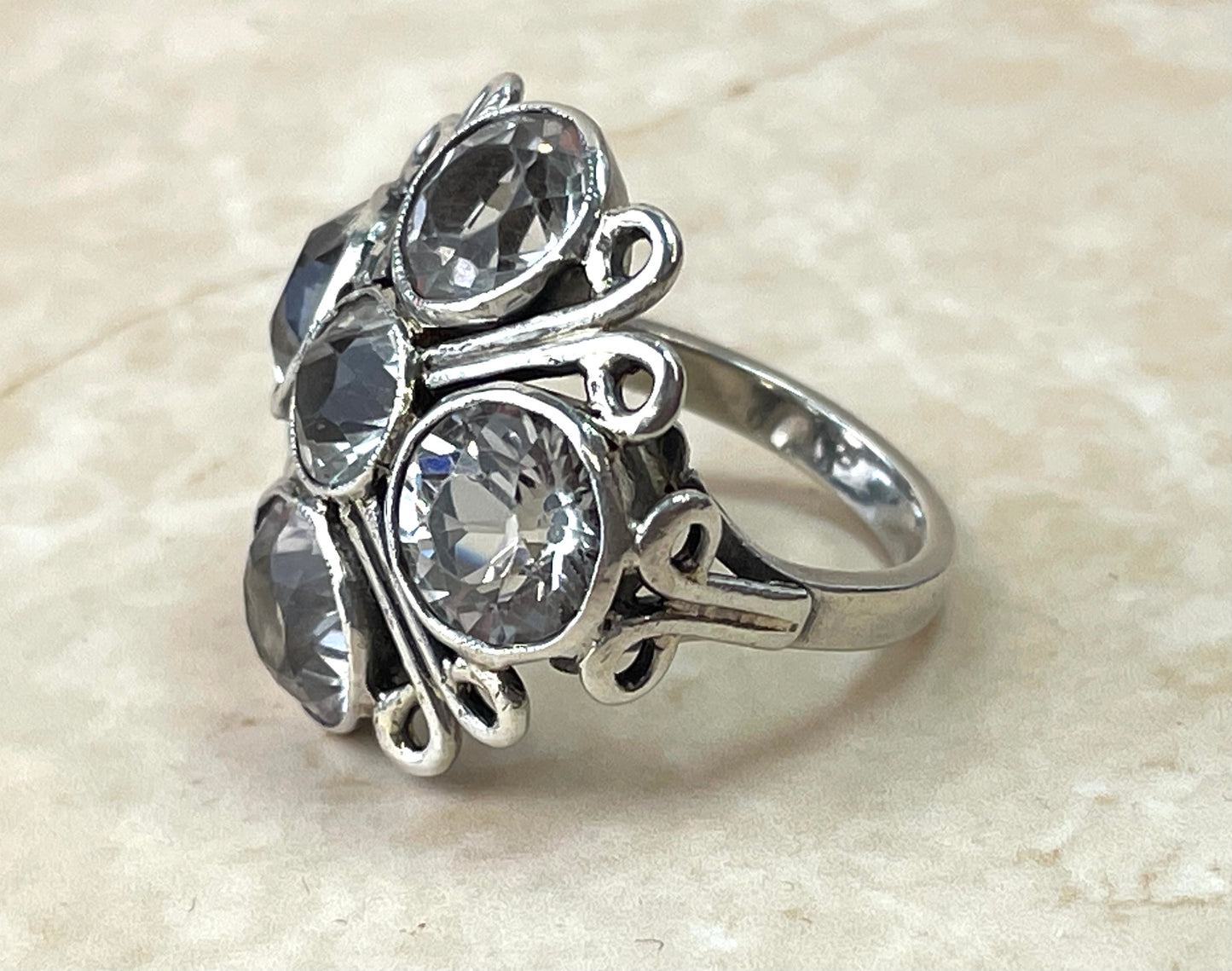 Vintage Sterling Silver 5 Stone White Topaz Statement Ring UK-K