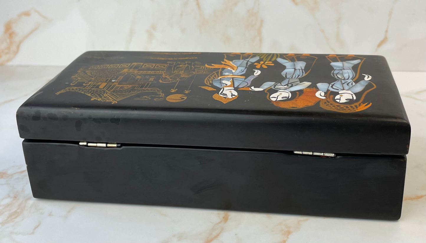 Vintage Oriental Lacquerware & Mother of Pearl Jewellery Box