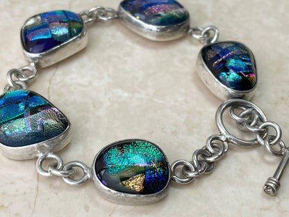 Mexico 925 Dichroic Glass Sterling Silver Link Bracelet