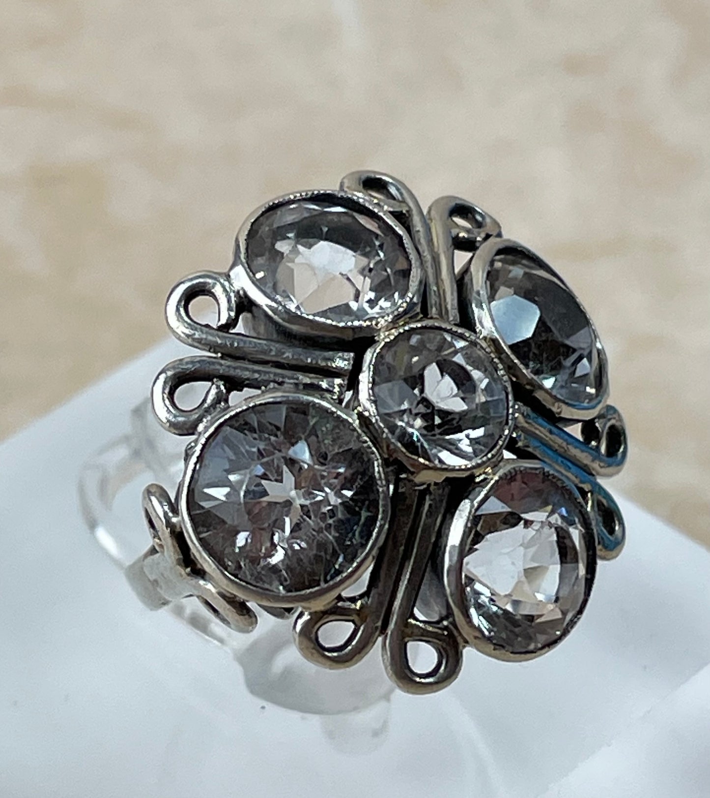 Vintage Sterling Silver 5 Stone White Topaz Statement Ring UK-K