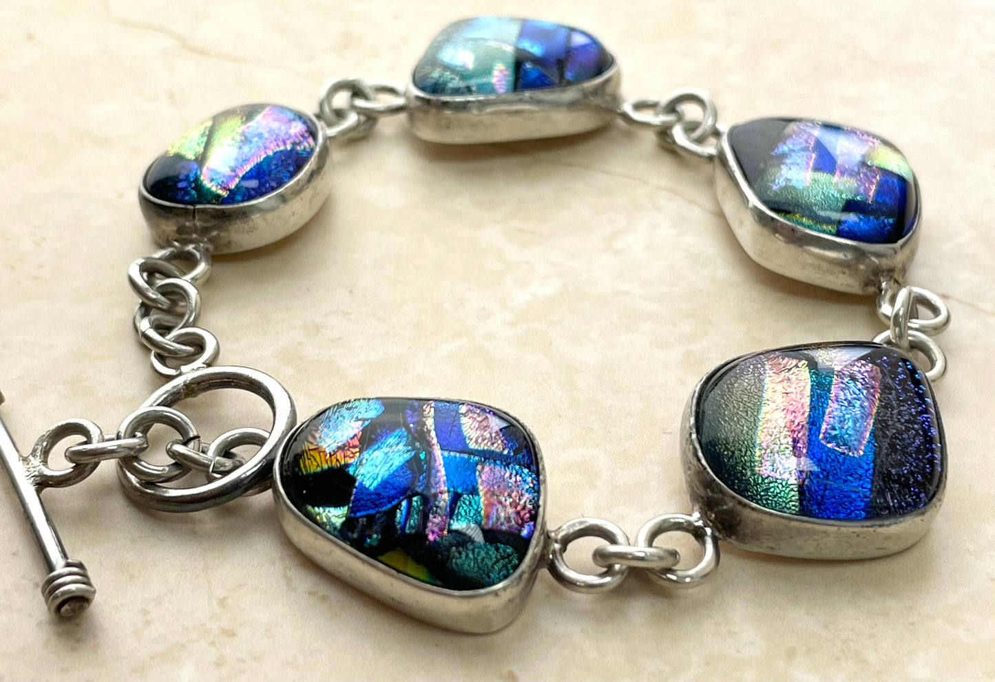 Mexico 925 Dichroic Glass Sterling Silver Link Bracelet