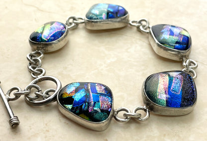 Mexico 925 Dichroic Glass Sterling Silver Link Bracelet