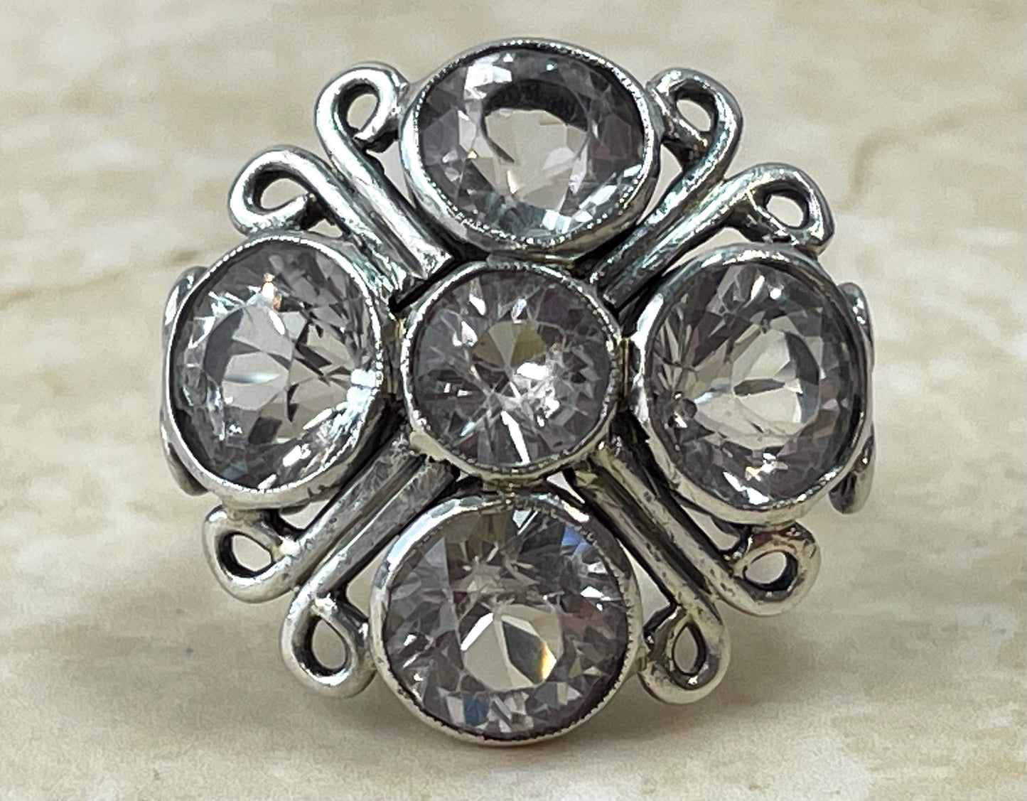 Vintage Sterling Silver 5 Stone White Topaz Statement Ring UK-K