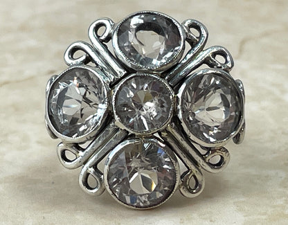 Vintage Sterling Silver 5 Stone White Topaz Statement Ring UK-K
