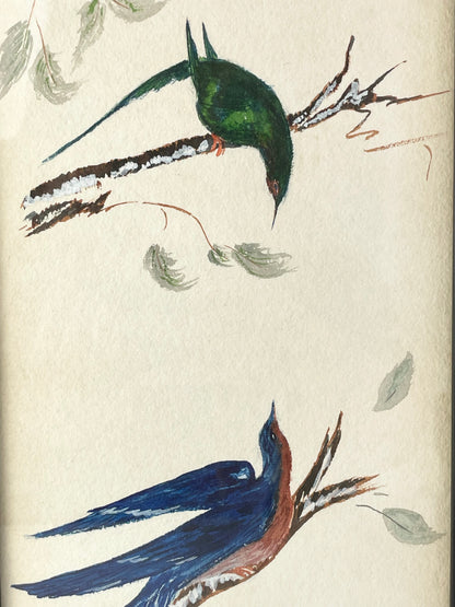 Vintage Artist Signed & Dated Watercolour Painting Birds on Branches - Dated 67