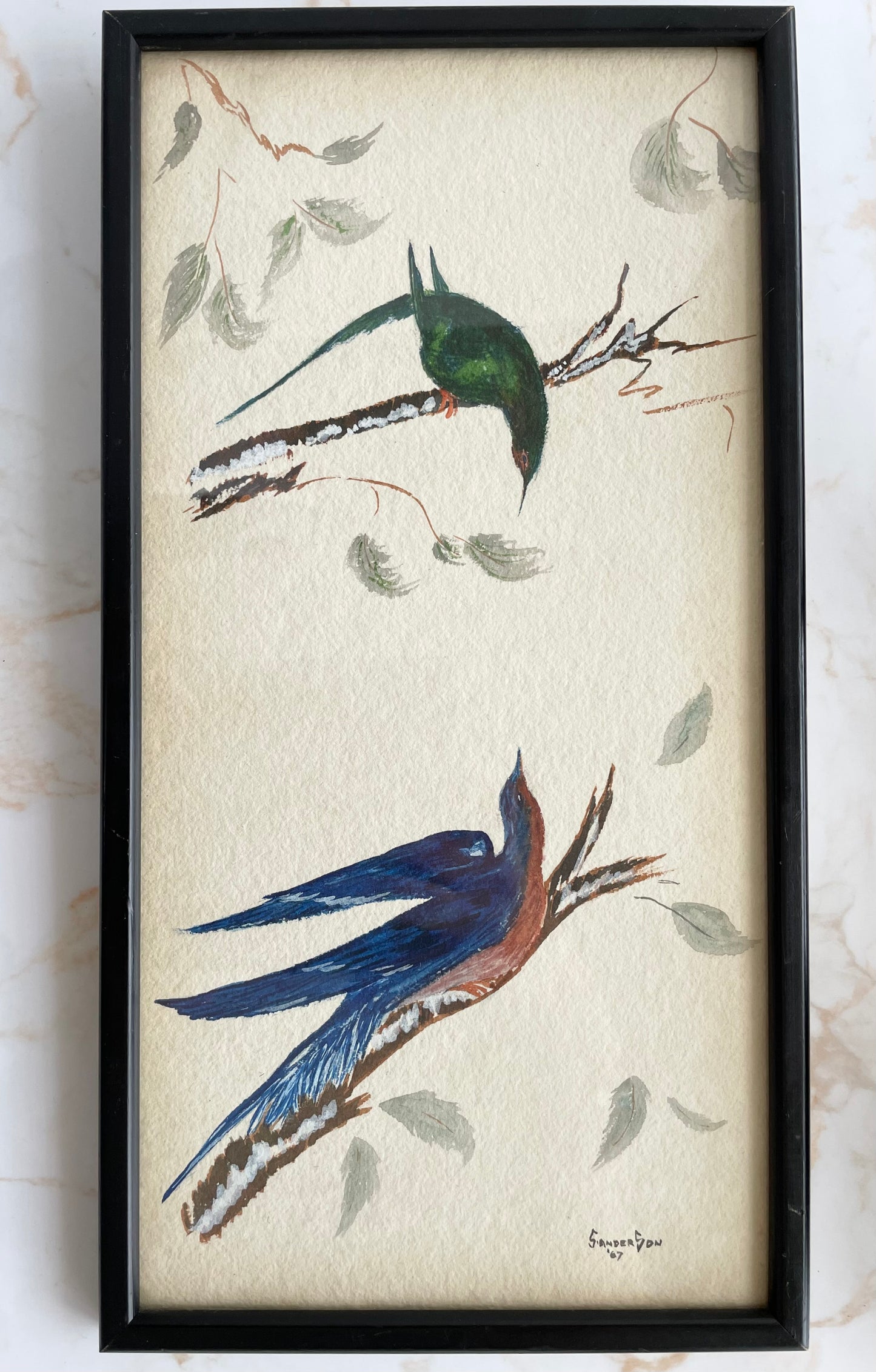 Vintage Artist Signed & Dated Watercolour Painting Birds on Branches - Dated 67