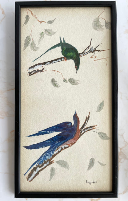 Vintage Artist Signed & Dated Watercolour Painting Birds on Branches - Dated 67
