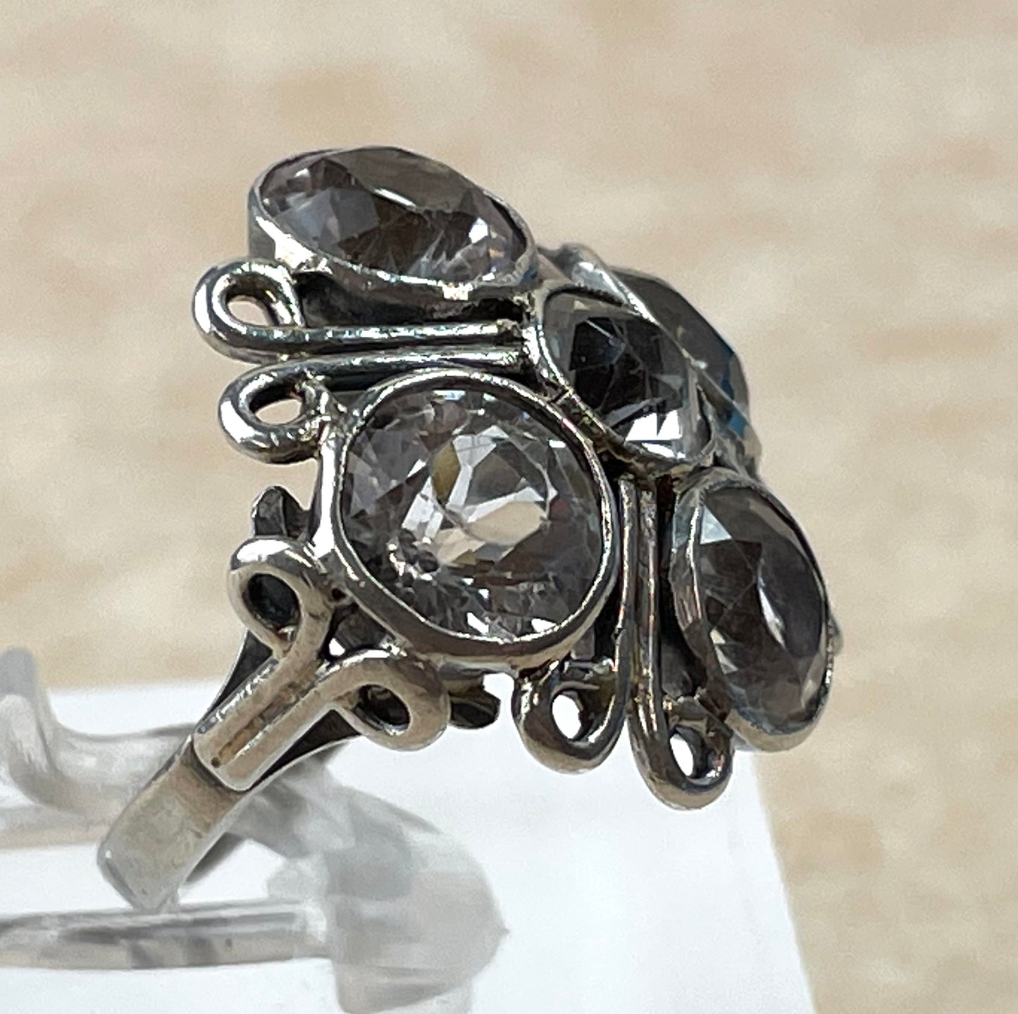 Vintage Sterling Silver 5 Stone White Topaz Statement Ring UK-K