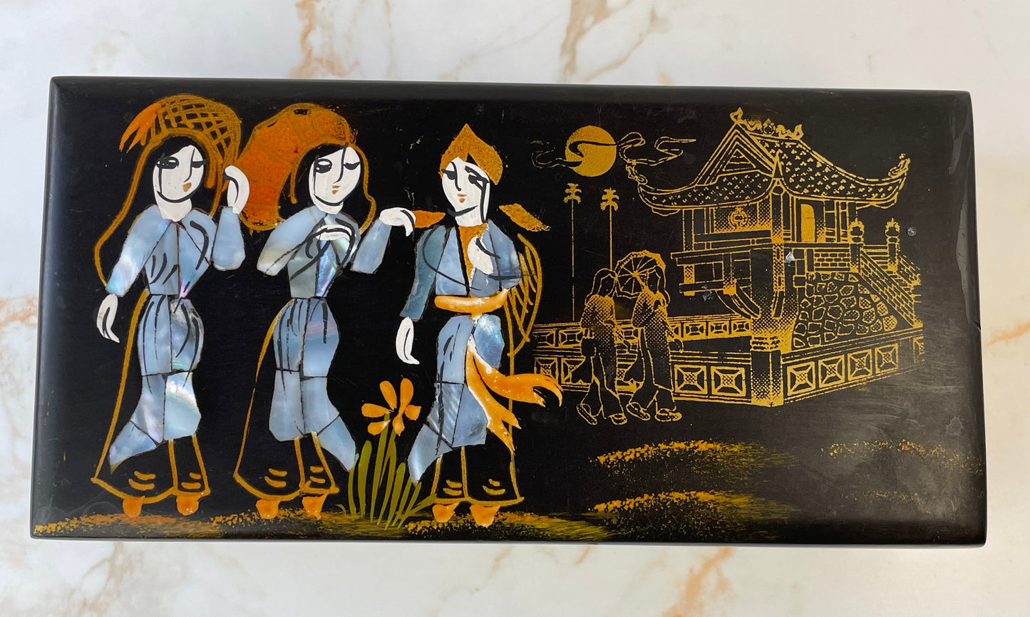 Vintage Oriental Lacquerware & Mother of Pearl Jewellery Box