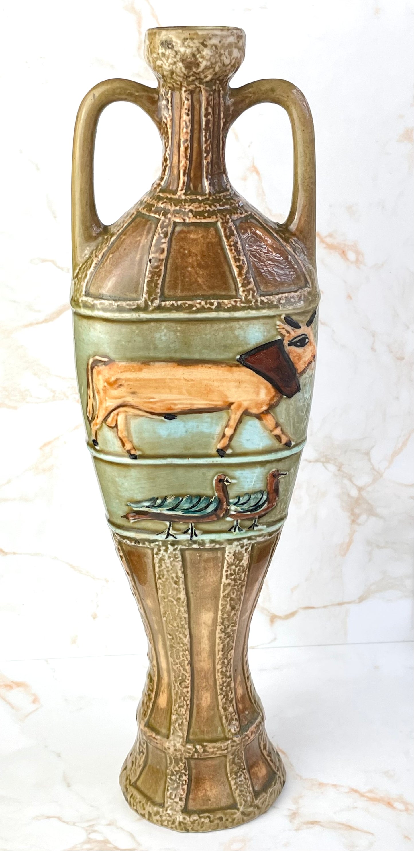 Vintage Mid-Century Egyptian Revival Motif Twin Handled Vase - Eva Sud